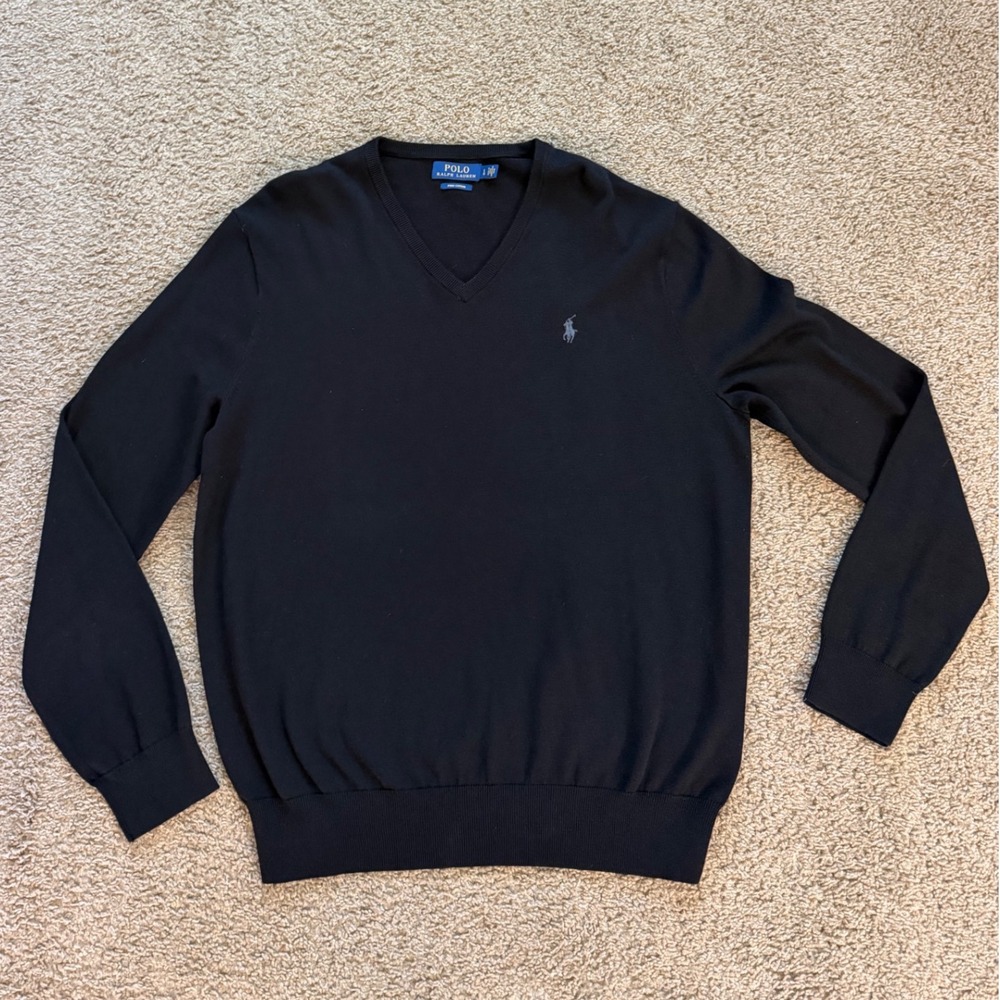 Polo Ralph Lauren Men Black Pima Cotton V-Neck Sweater Size L Pony Logo